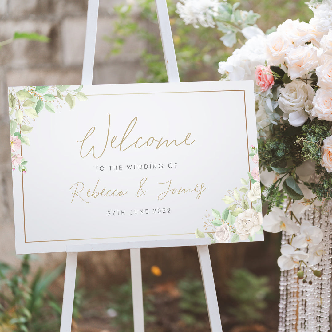 Pink and Gold Flowers Welcome to Our Wedding Sign-Weddings by Lumi