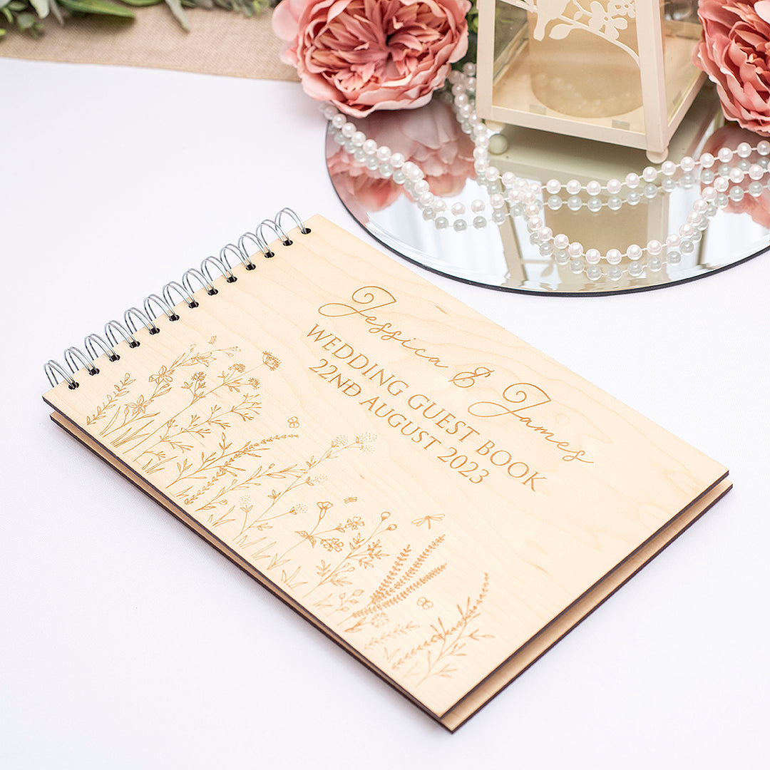 Wildflower Meadow Wooden Engraved Rustic Wedding Guest Book-Weddings by Lumi