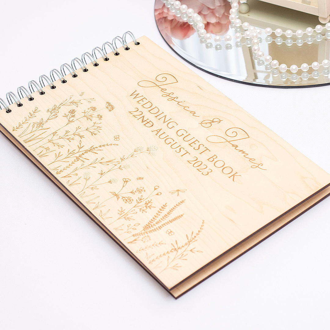 Wildflower Meadow Wooden Engraved Rustic Wedding Guest Book-Weddings by Lumi