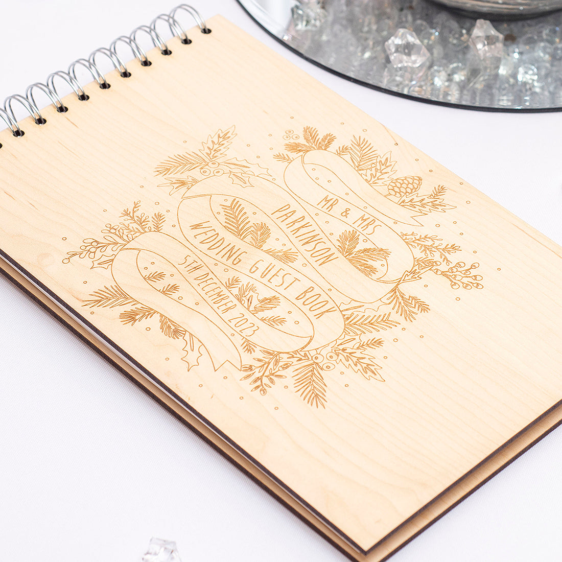 Winter Ribbon Wooden Engraved Rustic Christmas Wedding Guest Book-Weddings by Lumi