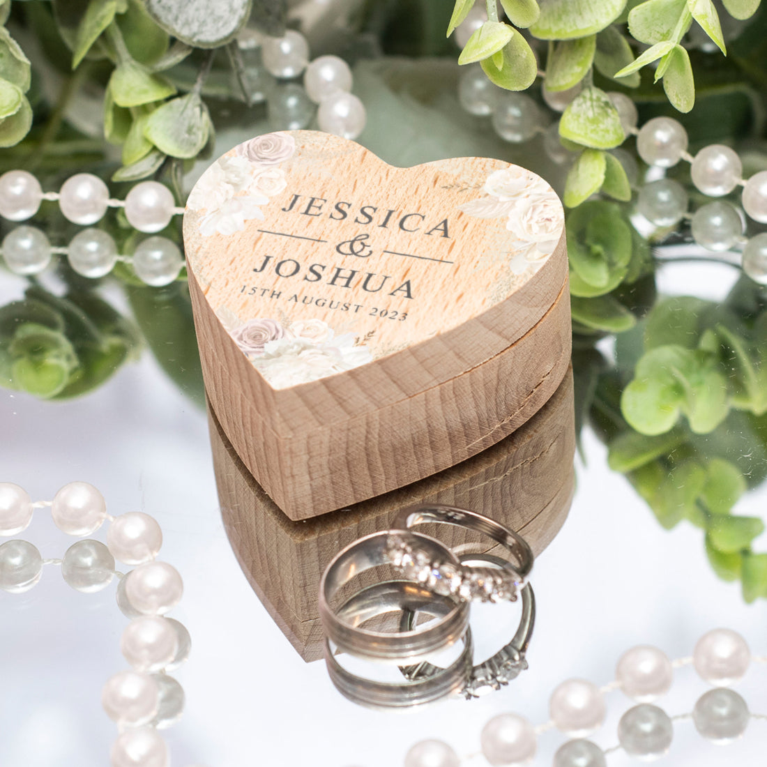 Blush Flowers Printed Wooden Heart Wedding Ring Box-Weddings by Lumi