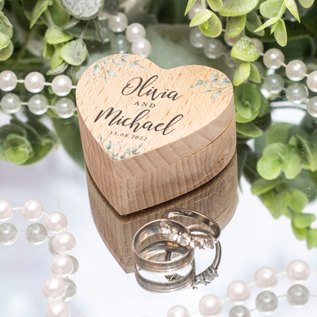 Botanical Wreath Printed Wooden Heart Wedding Ring Box-Weddings by Lumi