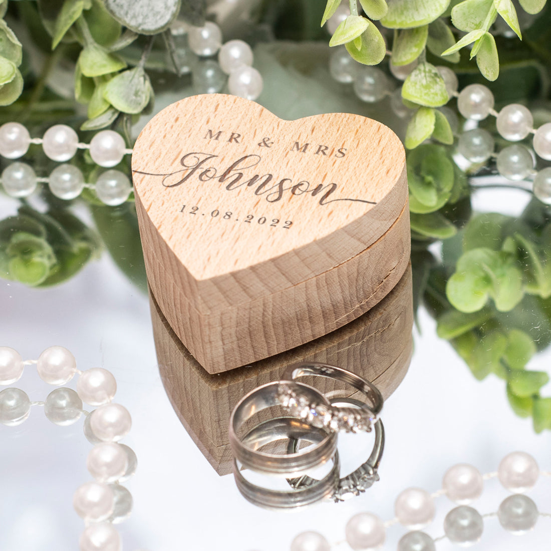 Classic Script Mr & Mrs Engraved Wooden Heart Wedding Ring Box-Weddings by Lumi