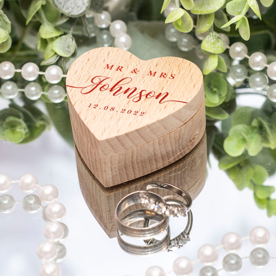 Classic Script Printed Wooden Heart Wedding Ring Box-Weddings by Lumi