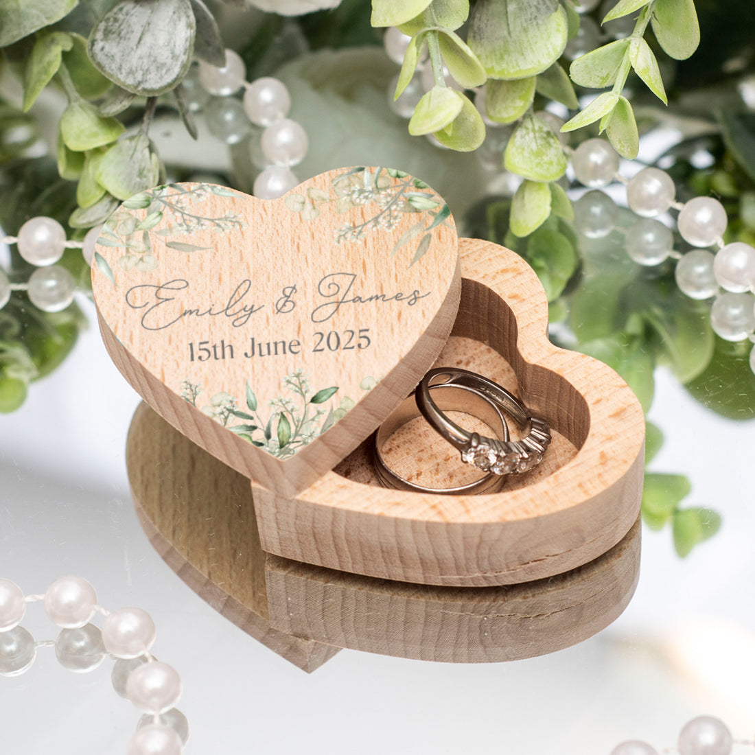 Watercolour Eucalyptus Printed Wooden Heart Wedding Ring Box-Weddings by Lumi