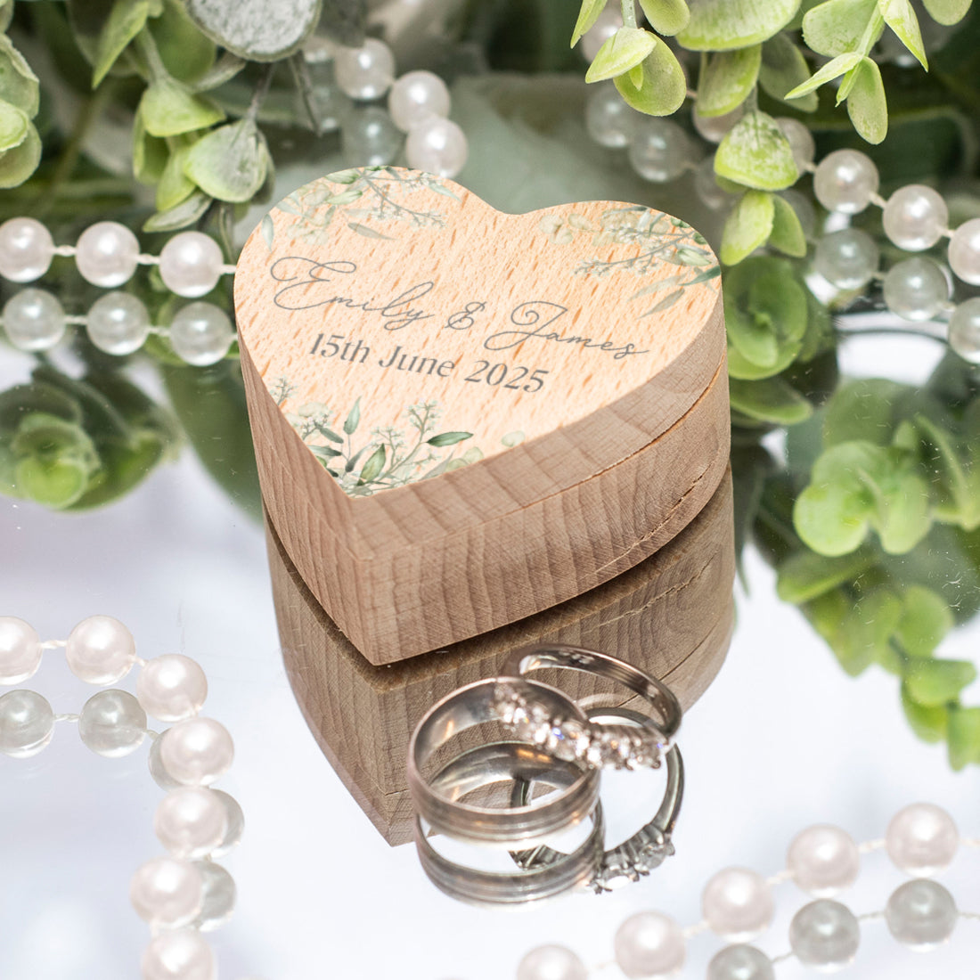 Watercolour Eucalyptus Printed Wooden Heart Wedding Ring Box-Weddings by Lumi