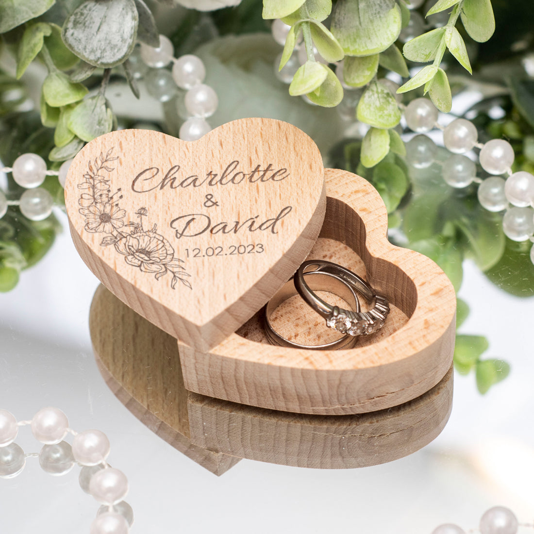 Floral Bouquet Engraved Wooden Heart Wedding Ring Box-Weddings by Lumi