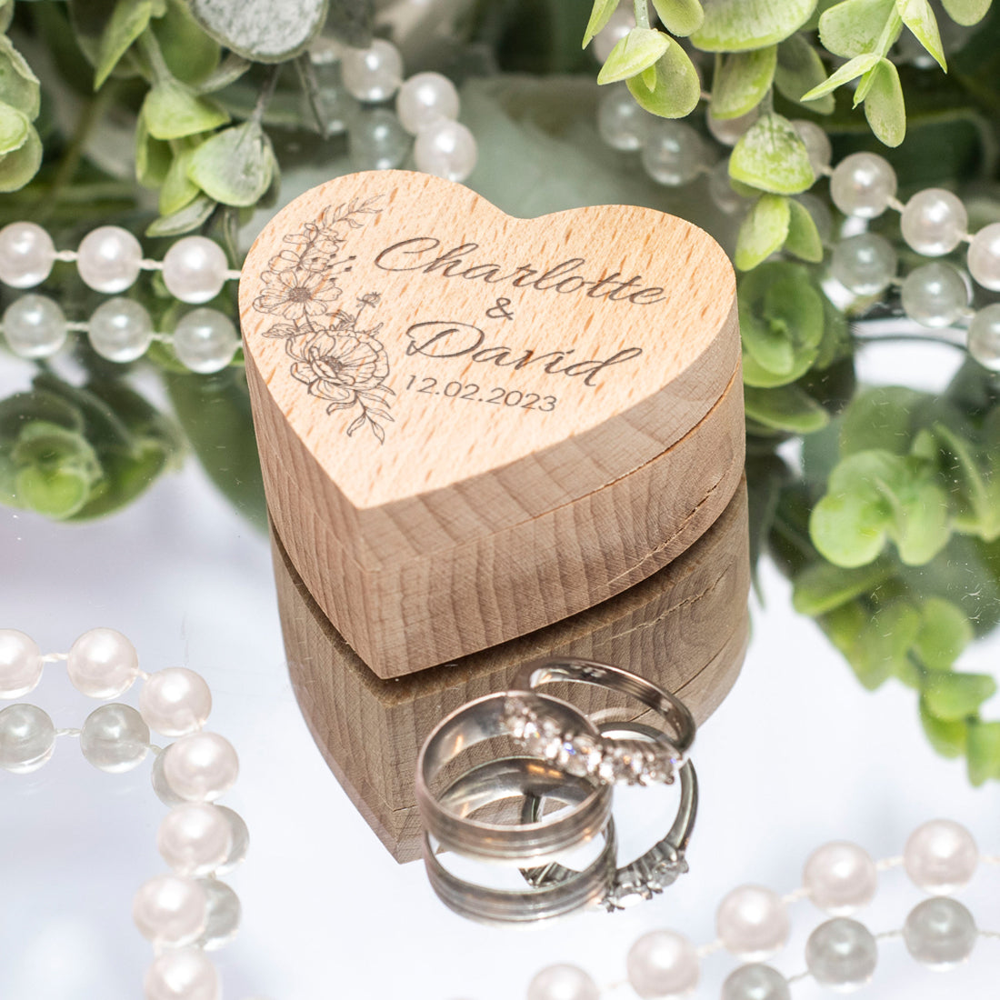 Floral Bouquet Engraved Wooden Heart Wedding Ring Box-Weddings by Lumi