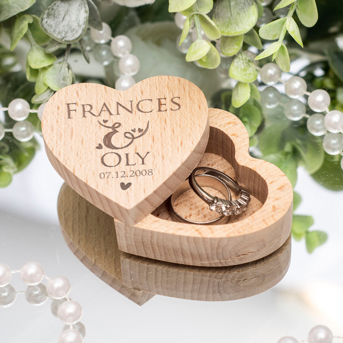 Hearts First Names Engraved Wooden Heart Wedding Ring Box-Weddings by Lumi