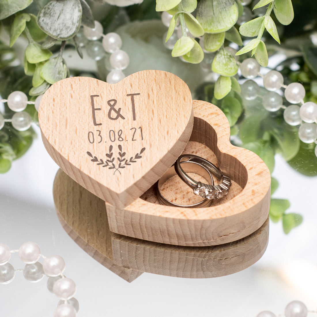 Rustic Initials Engraved Wooden Heart Wedding Ring Box-Weddings by Lumi
