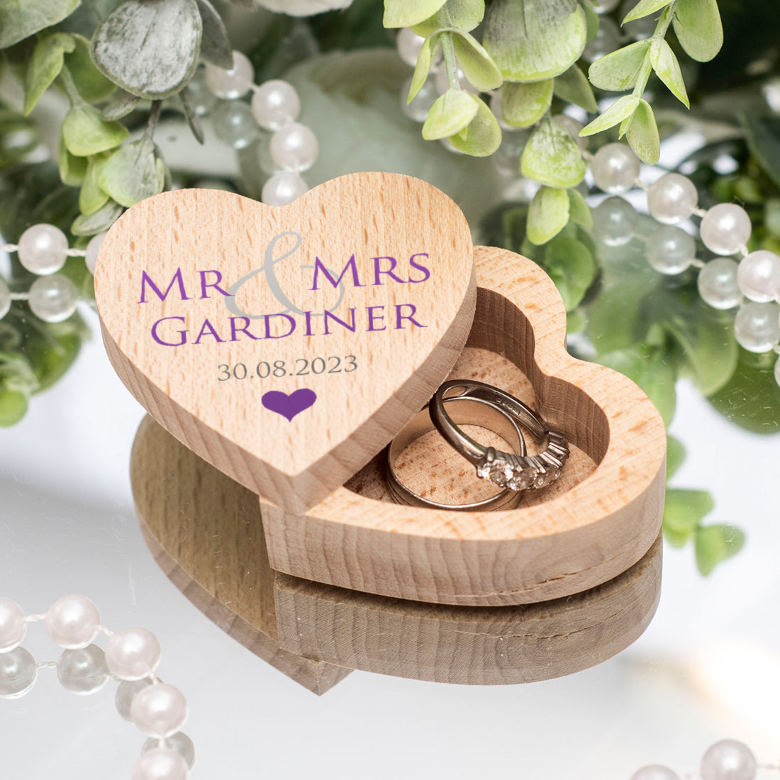 Mr & Mrs Printed Wooden Heart Wedding Ring Box-Weddings by Lumi