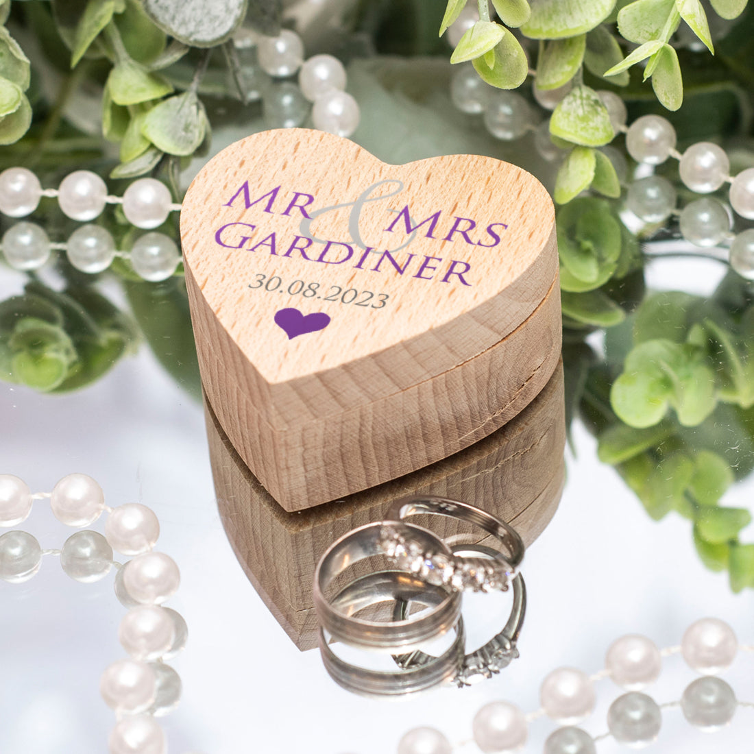 Mr & Mrs Printed Wooden Heart Wedding Ring Box-Weddings by Lumi