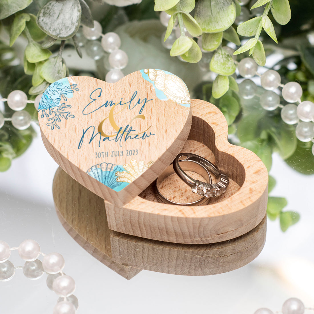 Watercolour Beach Printed Wooden Heart Wedding Ring Box-Weddings by Lumi