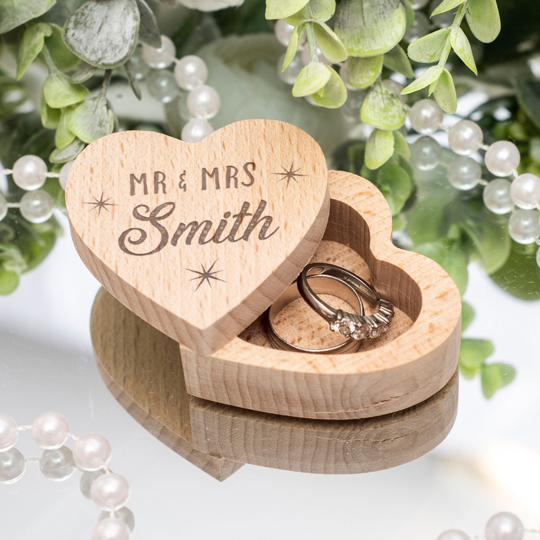 Mr & Mrs Stars Engraved Wooden Heart Wedding Ring Box-Weddings by Lumi