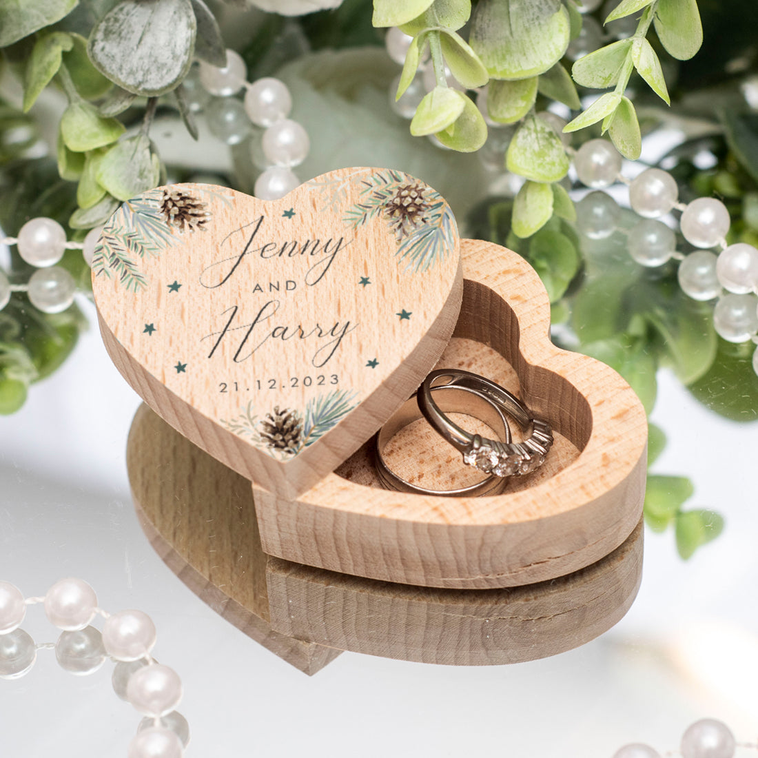 Winter Wreath Printed Wooden Heart Wedding Ring Box-Weddings by Lumi