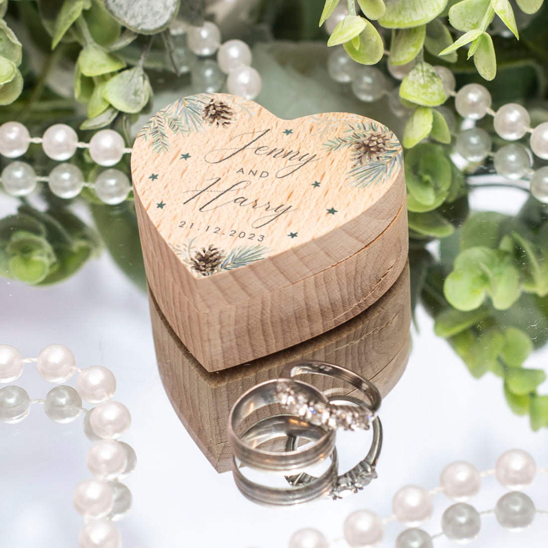Winter Wreath Printed Wooden Heart Wedding Ring Box-Weddings by Lumi