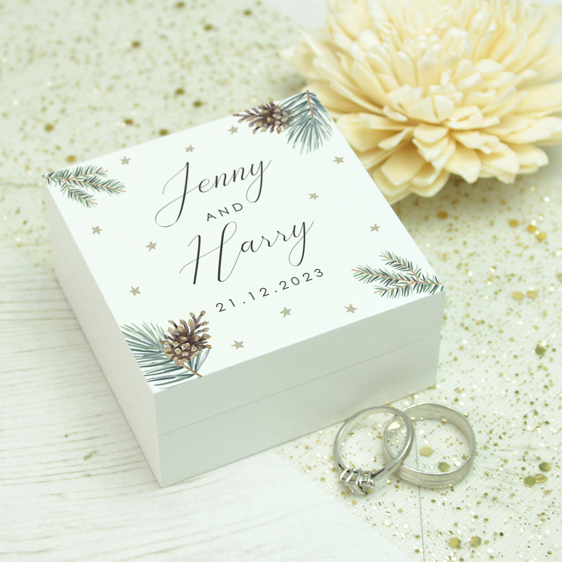 Winter Wreath Wooden Wedding Double Ring Box-Weddings by Lumi